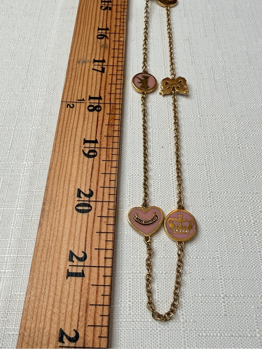 Juicy Couture Gold Long Station Necklace Pink Enamel Charms Y2K - Picture 4 of 4